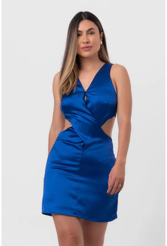 VESTIDO ACETINADO CURTO RECORTES TRIANGULARES AZUL LABRAVA