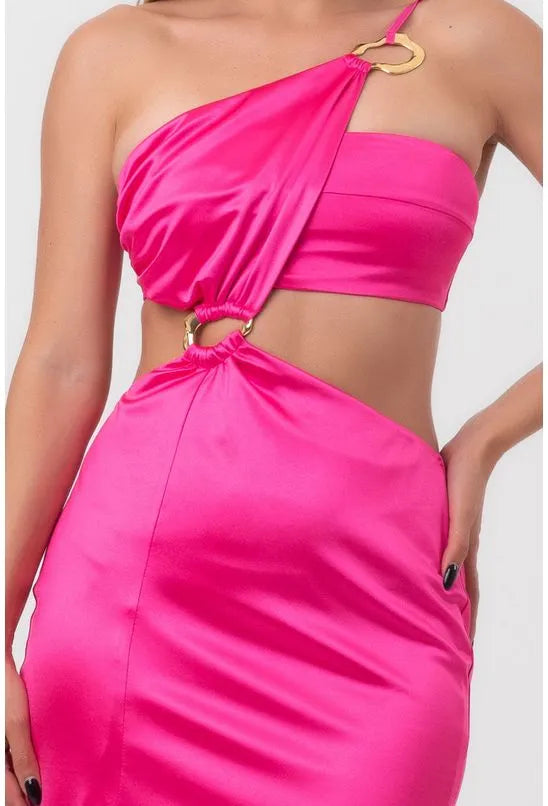 VESTIDO SATIN MIDI ARGOLAS E RECORTES VAZADOS ROSA LABRAVA