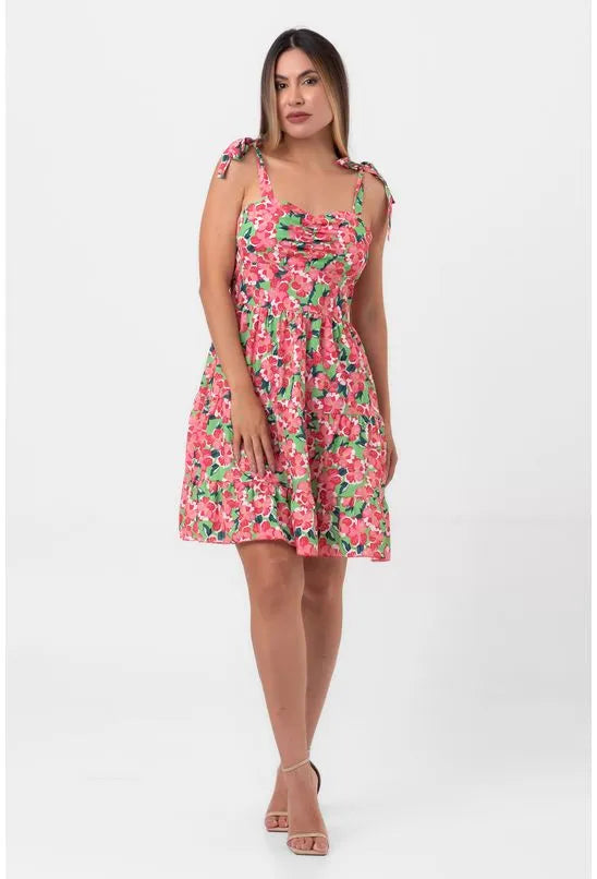 VESTIDO EVASÊ CINTURA MARCADA FLORAL ROSA