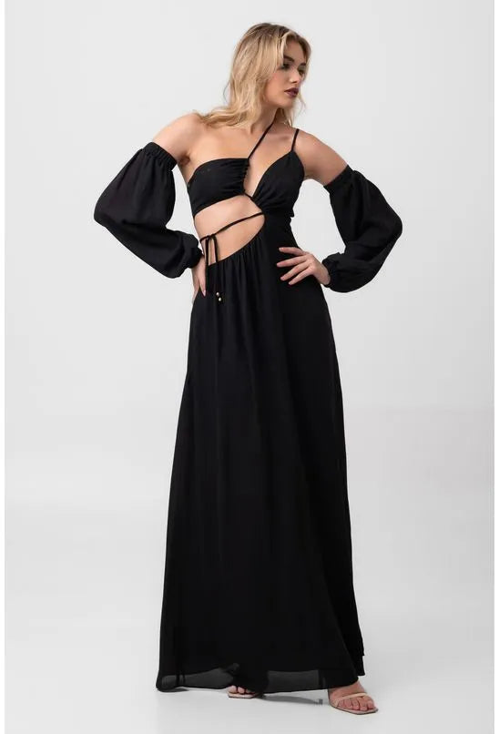 VESTIDO LONGO RECORTES PRETO LABRAVA
