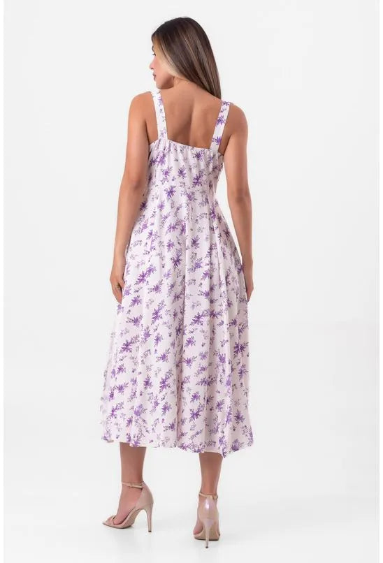 VESTIDO MIDI CORSET FLORAL OFFWHITE E ROXO
