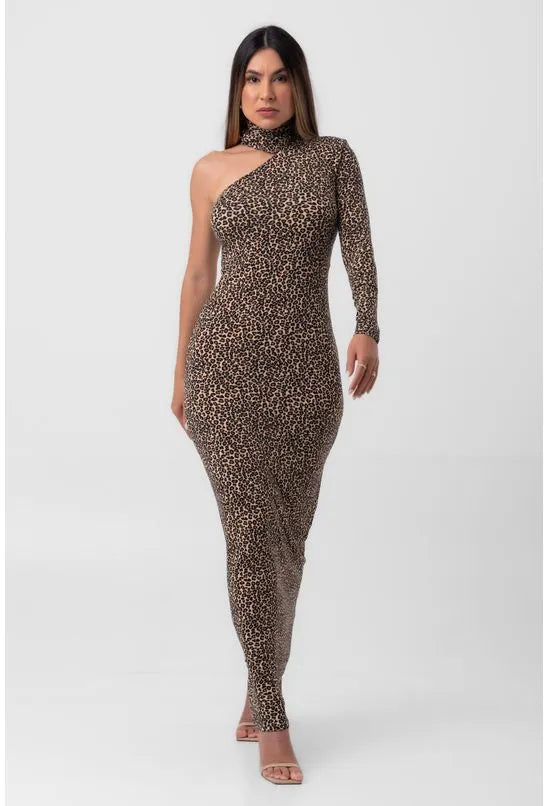 VESTIDO LONGO ASSIMÉTRICO ONÇA MULTICOLORIDO PEQUIÁ