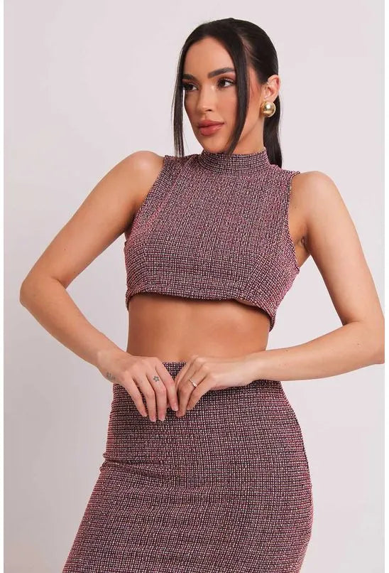 BLUSA CROPPED REGATA GOLA ALTA TWEED VERMELHO E PRETO LABRAVA