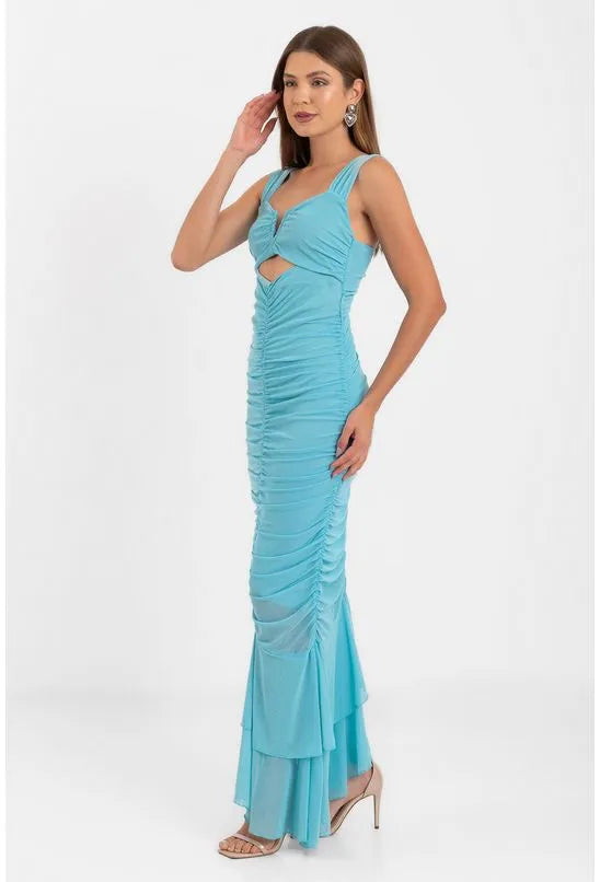VESTIDO LONGO JUSTO FRANZIDO AZUL CLARO