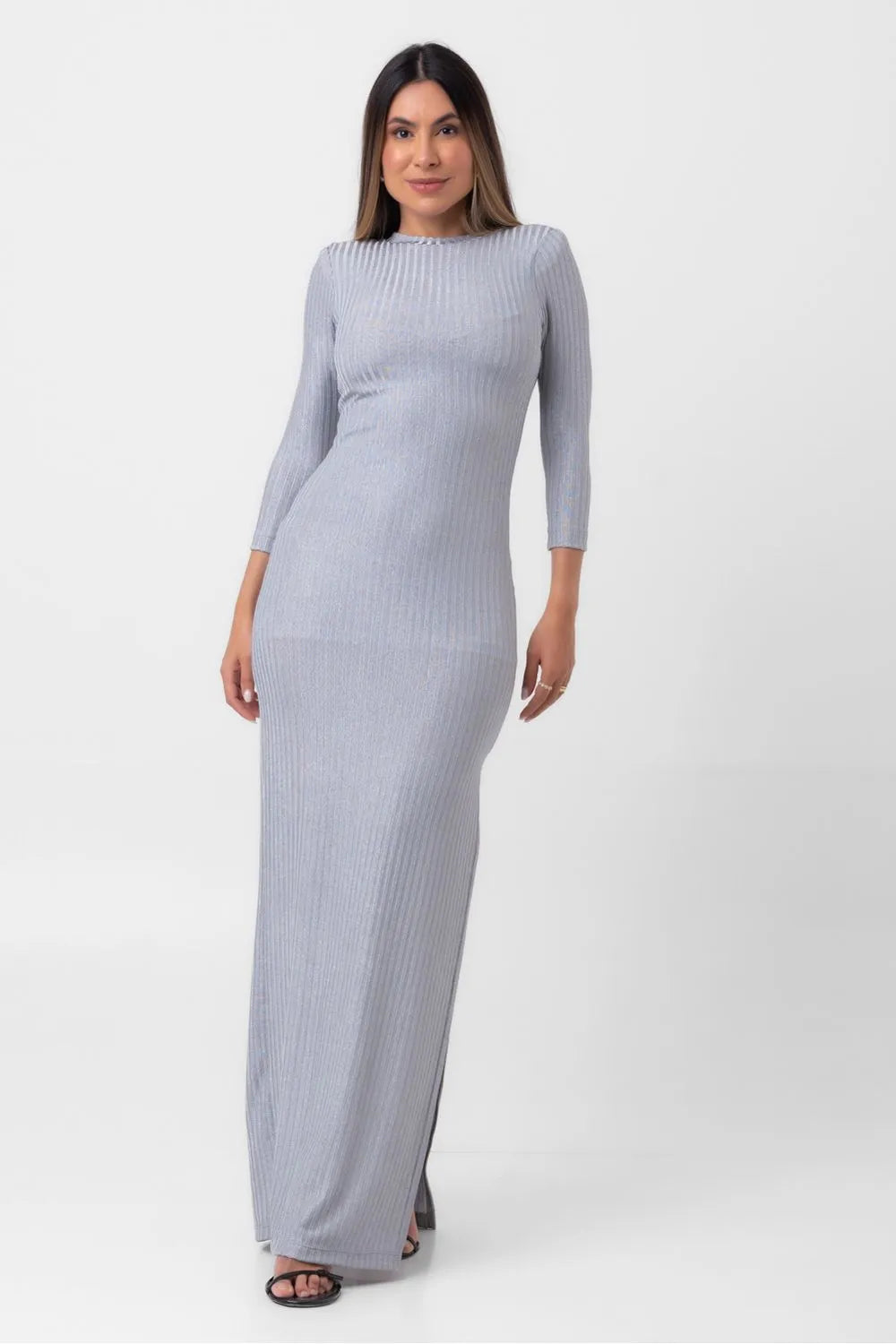 VESTIDO CANELADO SUPER MIDI FENDA ÚNICA PRATA LABRAVA