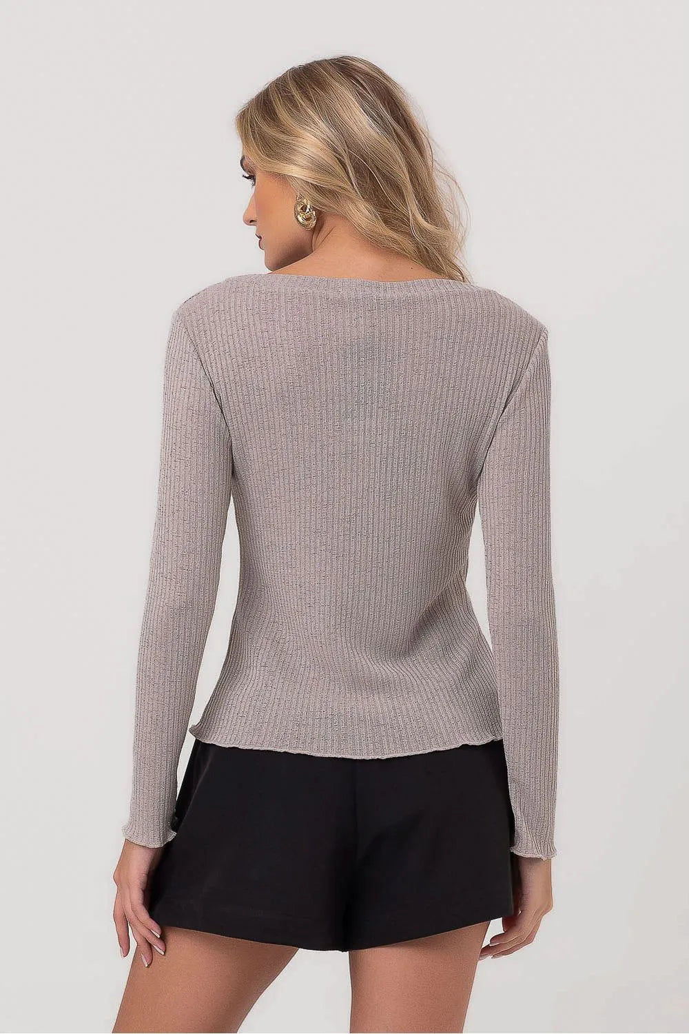 BLUSA TRICOT CANELADO MANGA LONGA CINZA LABRAVA