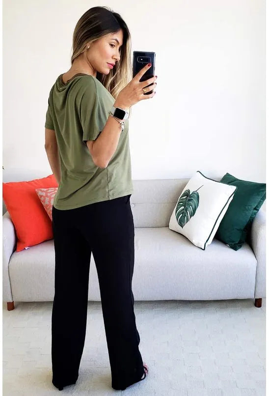 BLUSA MORENA ROSA DECOTE REDONDO MANGA CURTA GOLA RETILINEA - VERDE