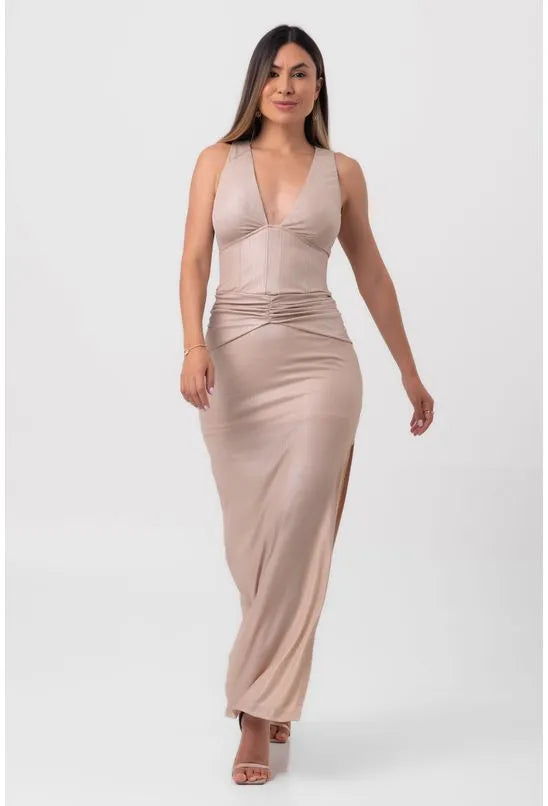 VESTIDO LUREX LONGO BEGE LABRAVA