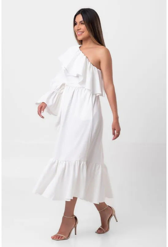 VESTIDO SUPER MIDI MANGA BUFANTE OFFWHITE LABRAVA