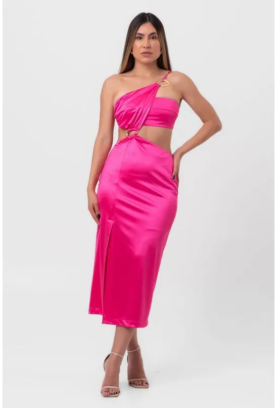 VESTIDO SATIN MIDI ARGOLAS E RECORTES VAZADOS ROSA LABRAVA