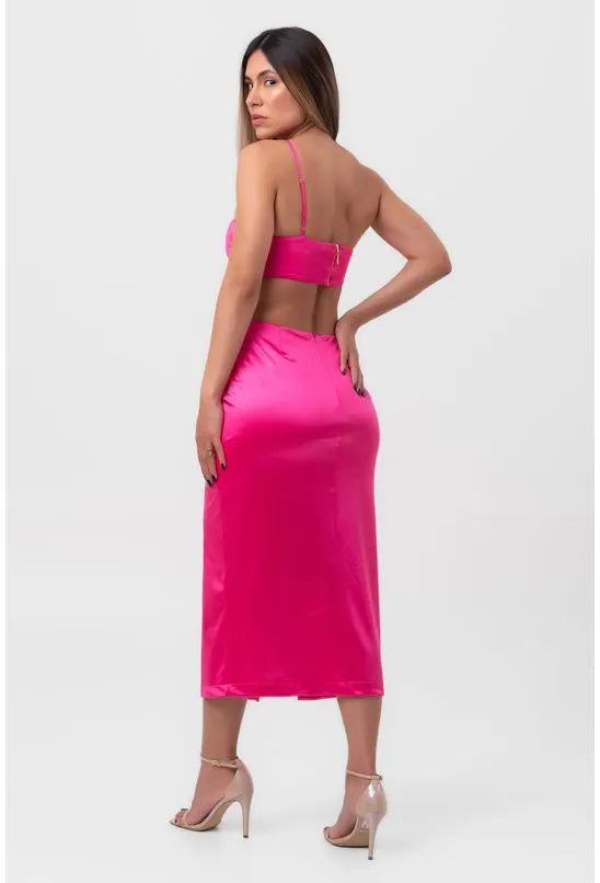 VESTIDO SATIN MIDI ARGOLAS E RECORTES VAZADOS ROSA LABRAVA
