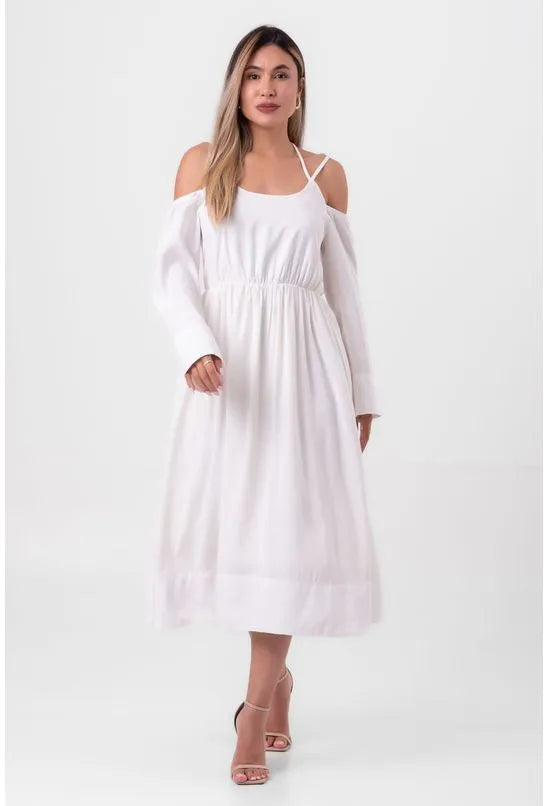VESTIDO VISCOSE MIDI AMARRAÇÃO DECOTE OFF WHITE LABRAVA
