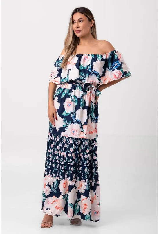 VESTIDO LIRIO LONGO OMBRO A OMBRO AZUL