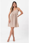 VESTIDO CURTO LINHO AMPLO ALÇAS AMARRÇÃO BEGE