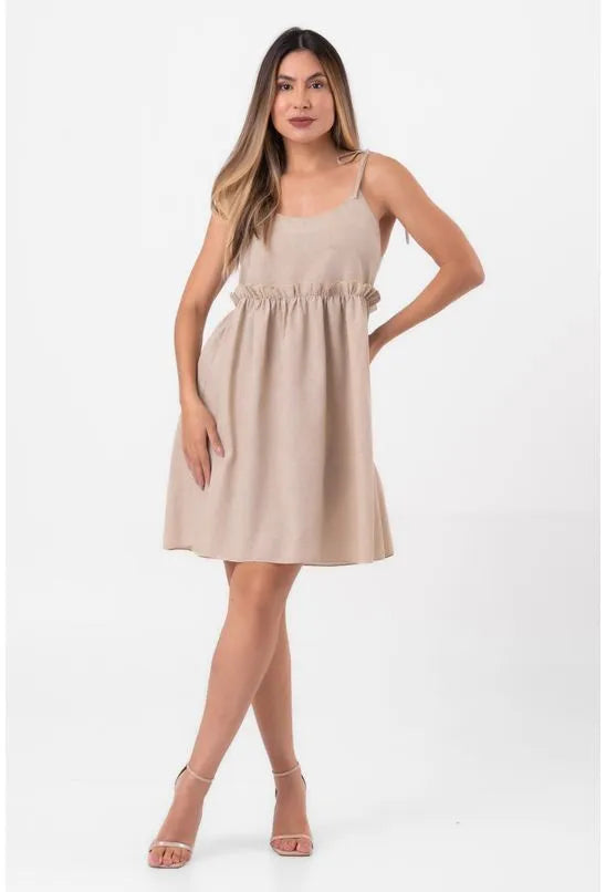VESTIDO CURTO LINHO AMPLO ALÇAS AMARRÇÃO BEGE