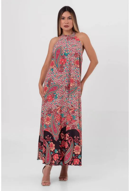 VESTIDO COLUNA LONGO PAISLEY FLORAL PEQUIÁ
