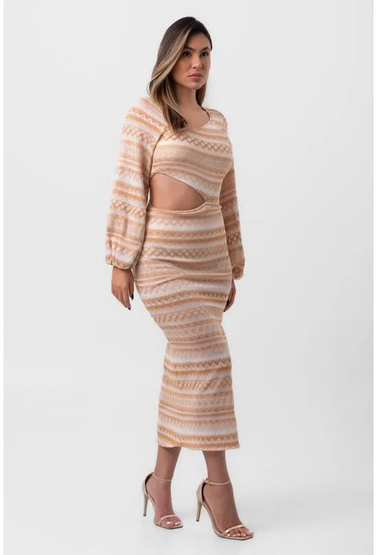 VESTIDO BORDADO MIDI ASSIMÉTRICO ETNIA BEGE LABRAVA