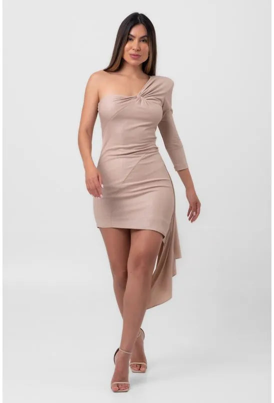 VESTIDO LUREX CURTO CALDA E TORÇÃO BEGE LABRAVA