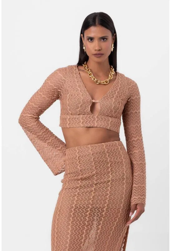 TOP RENDA DECOTE V NUDE LABRAVA