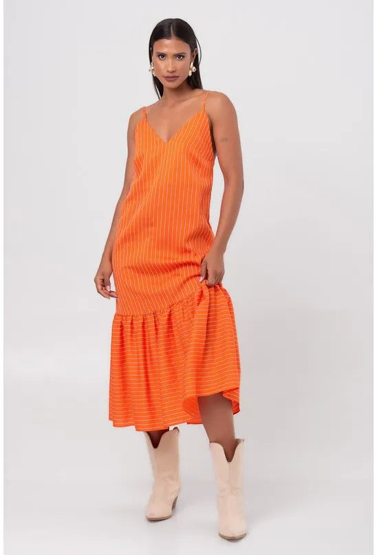 VESTIDO MIDI LISTRADO LARANJA PEQUIÁ