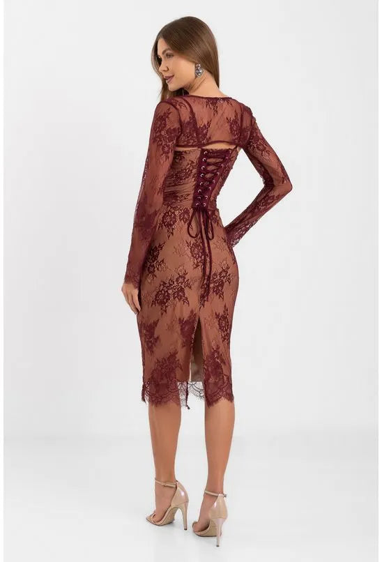 Vestido midi renda vinho Babado