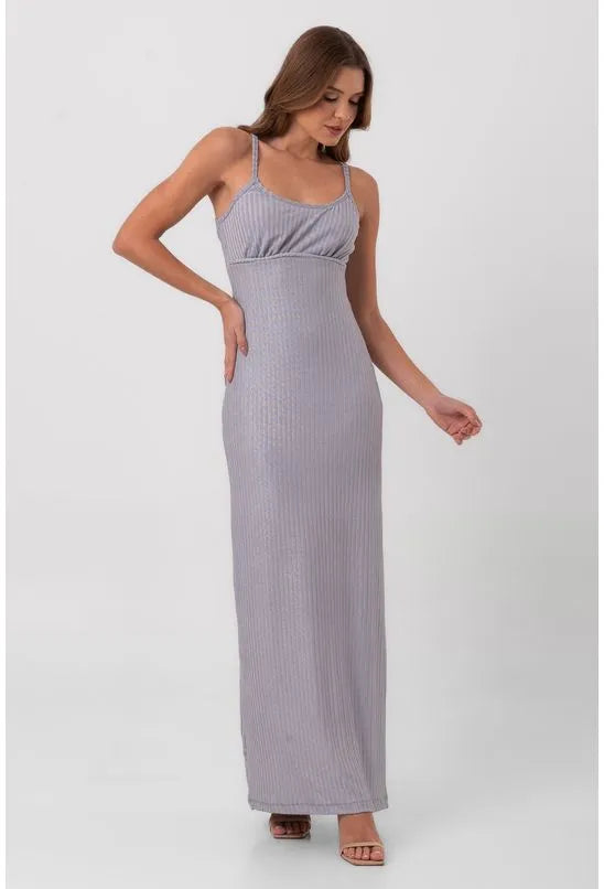 VESTIDO CANELADO LONGO COLUNA PRATA LABRAVA