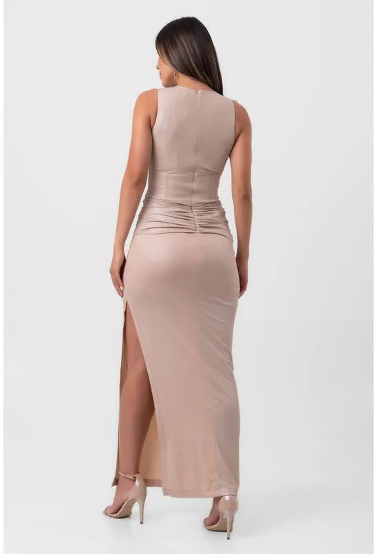 VESTIDO LUREX LONGO BEGE LABRAVA