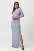 VESTIDO CANELADO SUPER MIDI FENDA ÚNICA PRATA LABRAVA