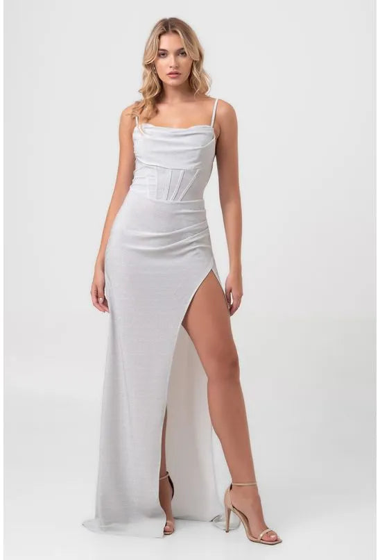 VESTIDO LONGO ALÇA FINA COM FENDA LATERAL PRATA