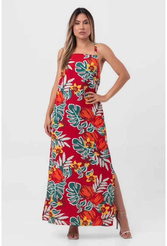VESTIDO LONGO FLORAL TROPICÁLIA PEQUIÁ