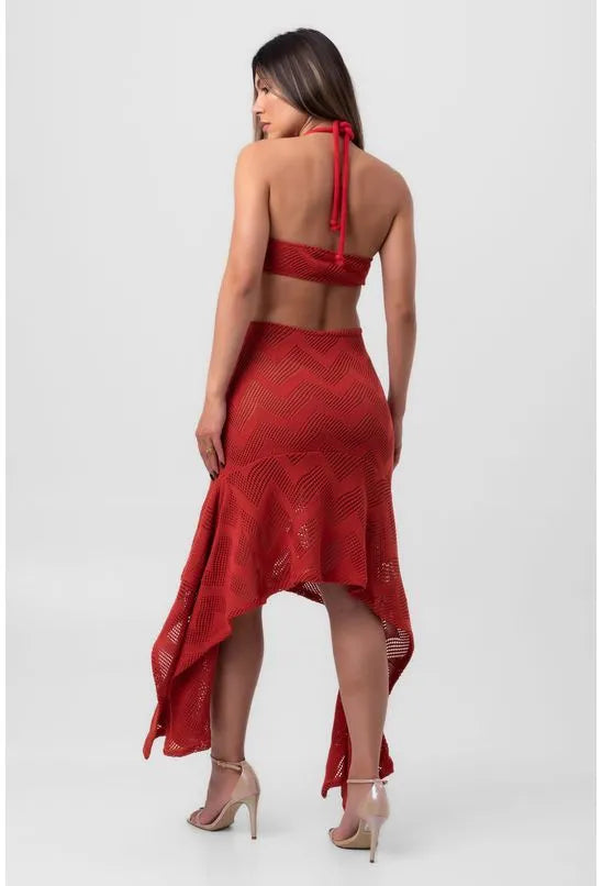 VESTIDO MIDI TRICOT PONTAS MARROM PEQUIÁ
