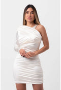 VESTIDO SATIN CURTO DRAPEADO ASSIMÉTRICO OFFWHITE LABRAVA