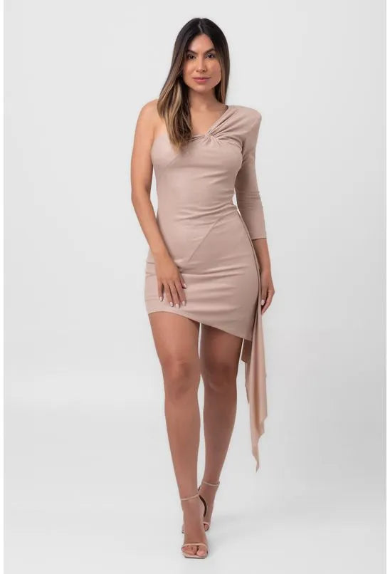VESTIDO LUREX CURTO CALDA E TORÇÃO BEGE LABRAVA