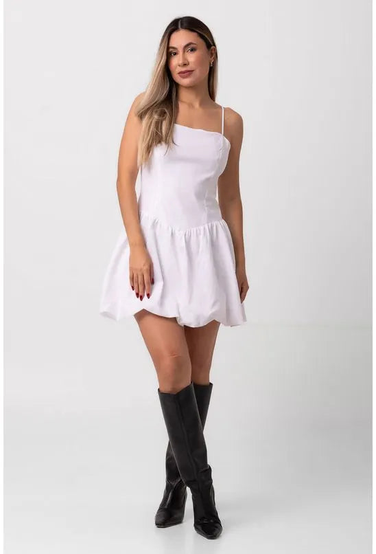 VESTIDO CURTO BALONÊ ALÇAS FINAS BRANCO LABRAVA