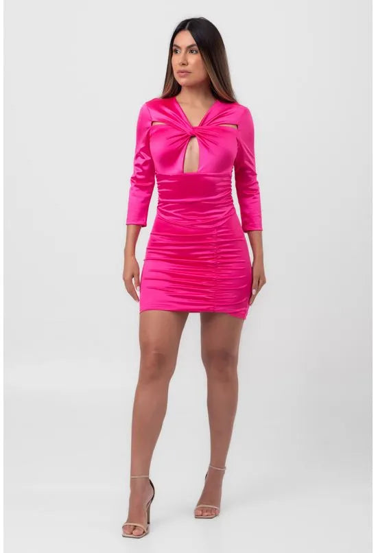 VESTIDO SATIN CURTO RECORTES ANGULARES ROSA LABRAVA