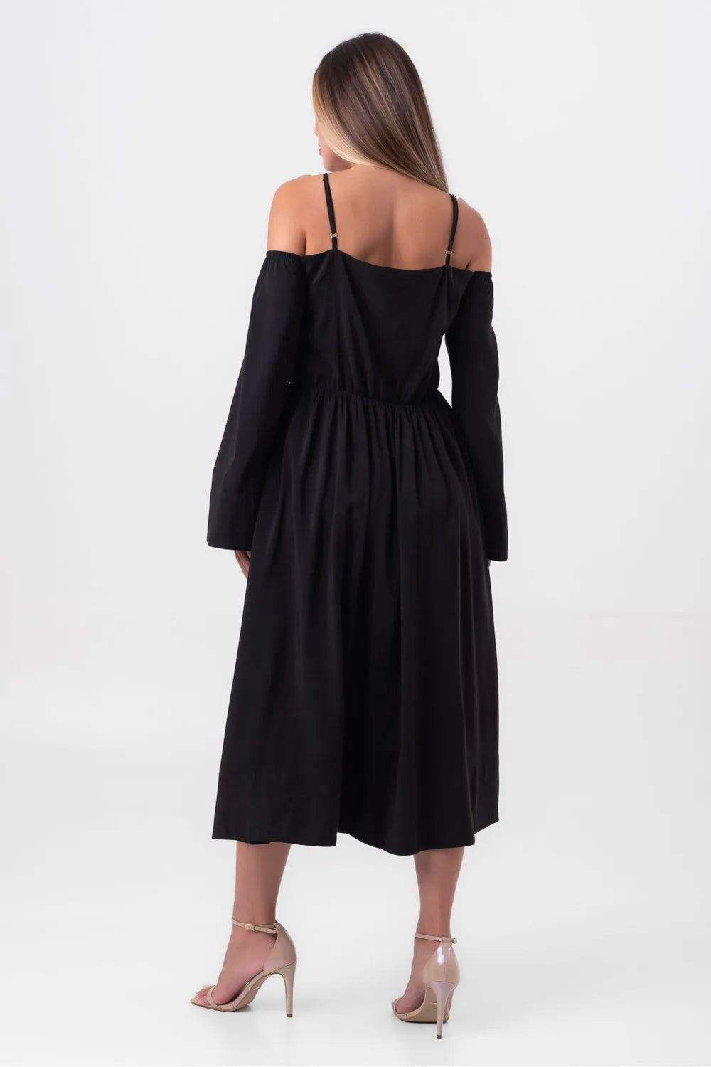 VESTIDO VISCOSE MIDI AMARRAÇÃO DECOTE PRETO LABRAVA
