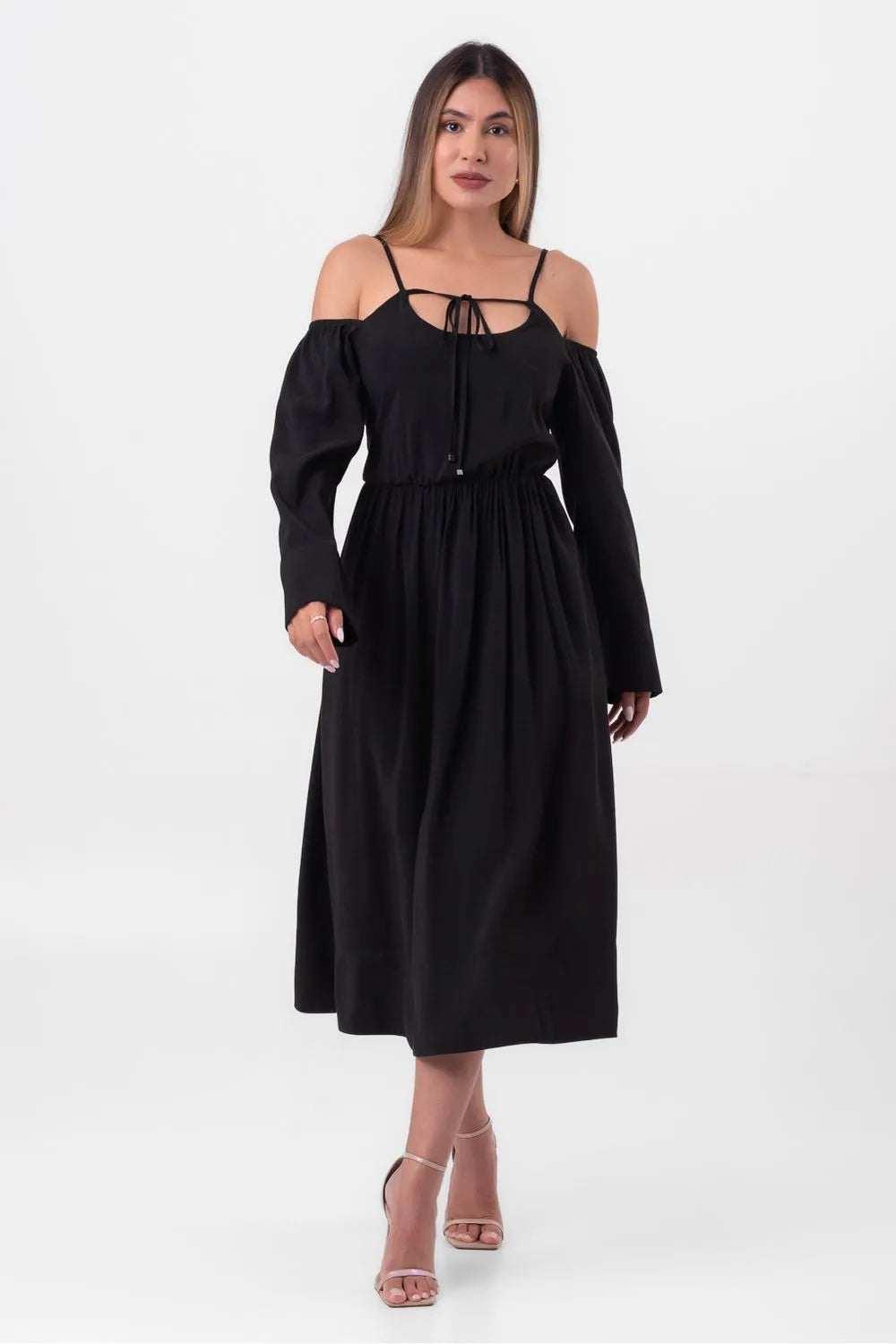 VESTIDO VISCOSE MIDI AMARRAÇÃO DECOTE PRETO LABRAVA