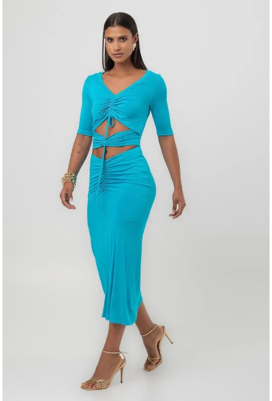 VESTIDO SUPER MIDI CANALETAS TURQUESA LABRAVA