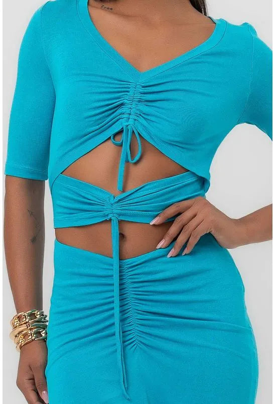 VESTIDO SUPER MIDI CANALETAS TURQUESA LABRAVA
