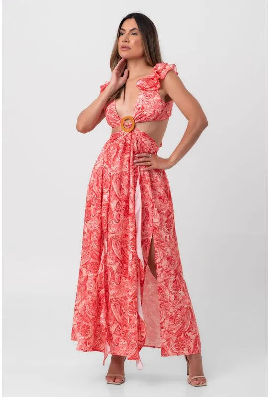 VESTIDO LONGO RECORTES LATERAIS ROSA