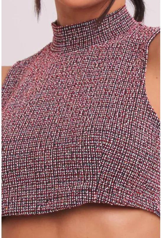 BLUSA CROPPED REGATA GOLA ALTA TWEED VERMELHO E PRETO LABRAVA