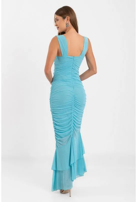 VESTIDO LONGO JUSTO FRANZIDO AZUL CLARO