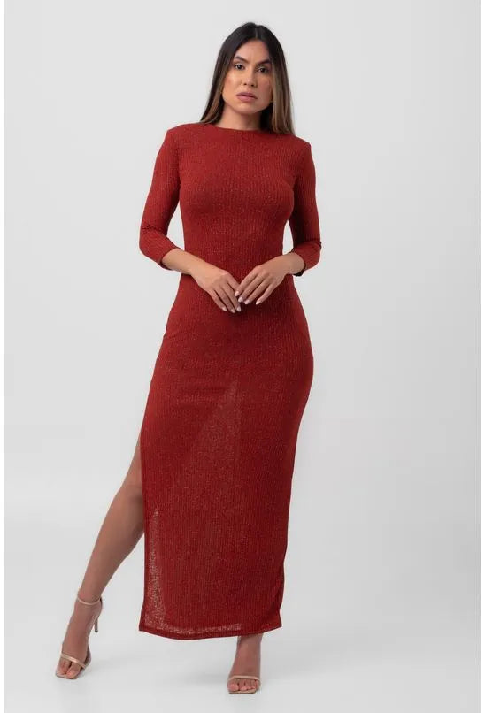 VESTIDO TRICOT CANELADO SUPER MIDI VERMELHO LABRAVA