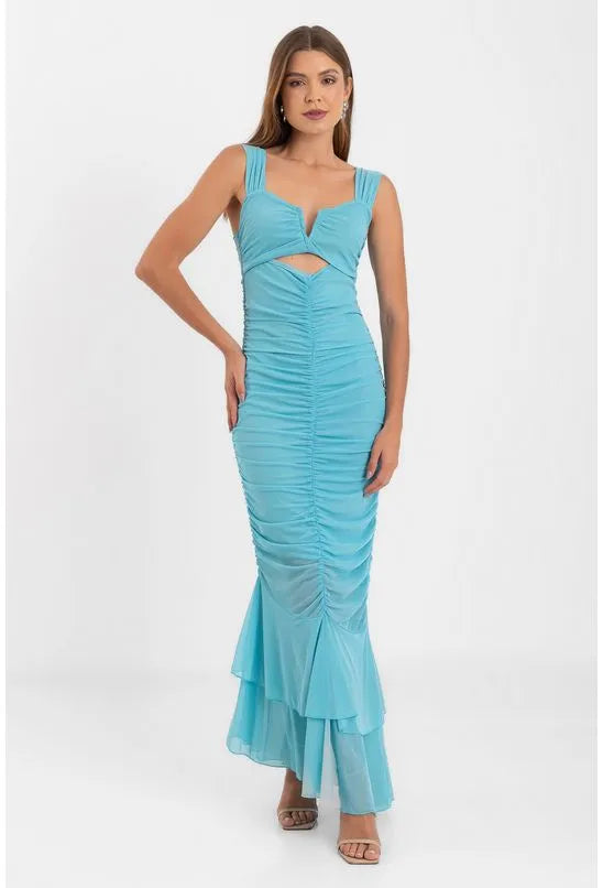 VESTIDO LONGO JUSTO FRANZIDO AZUL CLARO