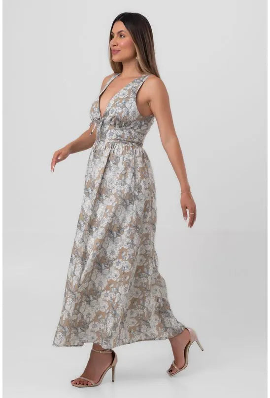 VESTIDO SUPER MIDI FLOR DO ORIENTE BEGE PEQUIÁ
