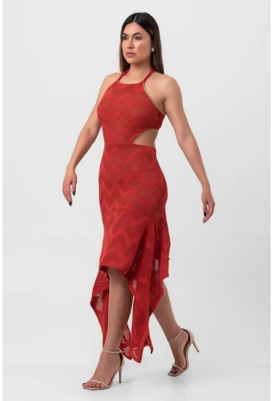 VESTIDO MIDI TRICOT PONTAS MARROM PEQUIÁ