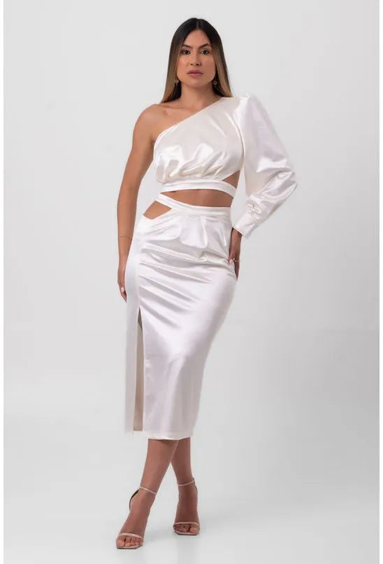 SAIA SATIN MIDI ASSIMÉTRICA OFFWHITE LABRAVA