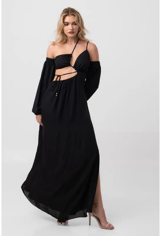 VESTIDO LONGO RECORTES PRETO LABRAVA