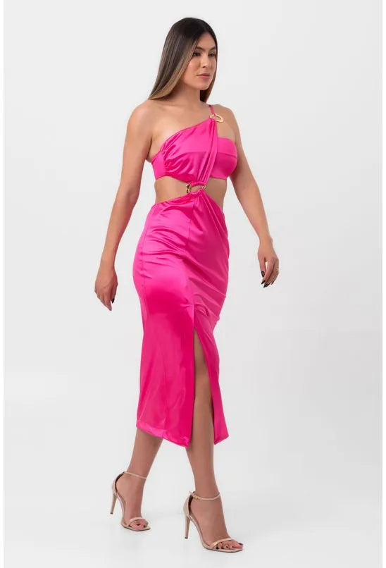 VESTIDO SATIN MIDI ARGOLAS E RECORTES VAZADOS ROSA LABRAVA