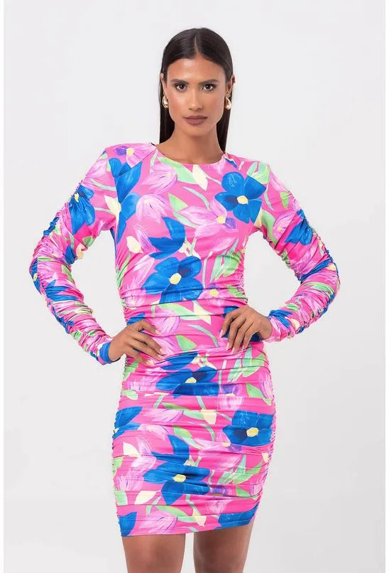 VESTIDO CURTO FRANZIDO ESTAMPADO LANÇA PERFUME